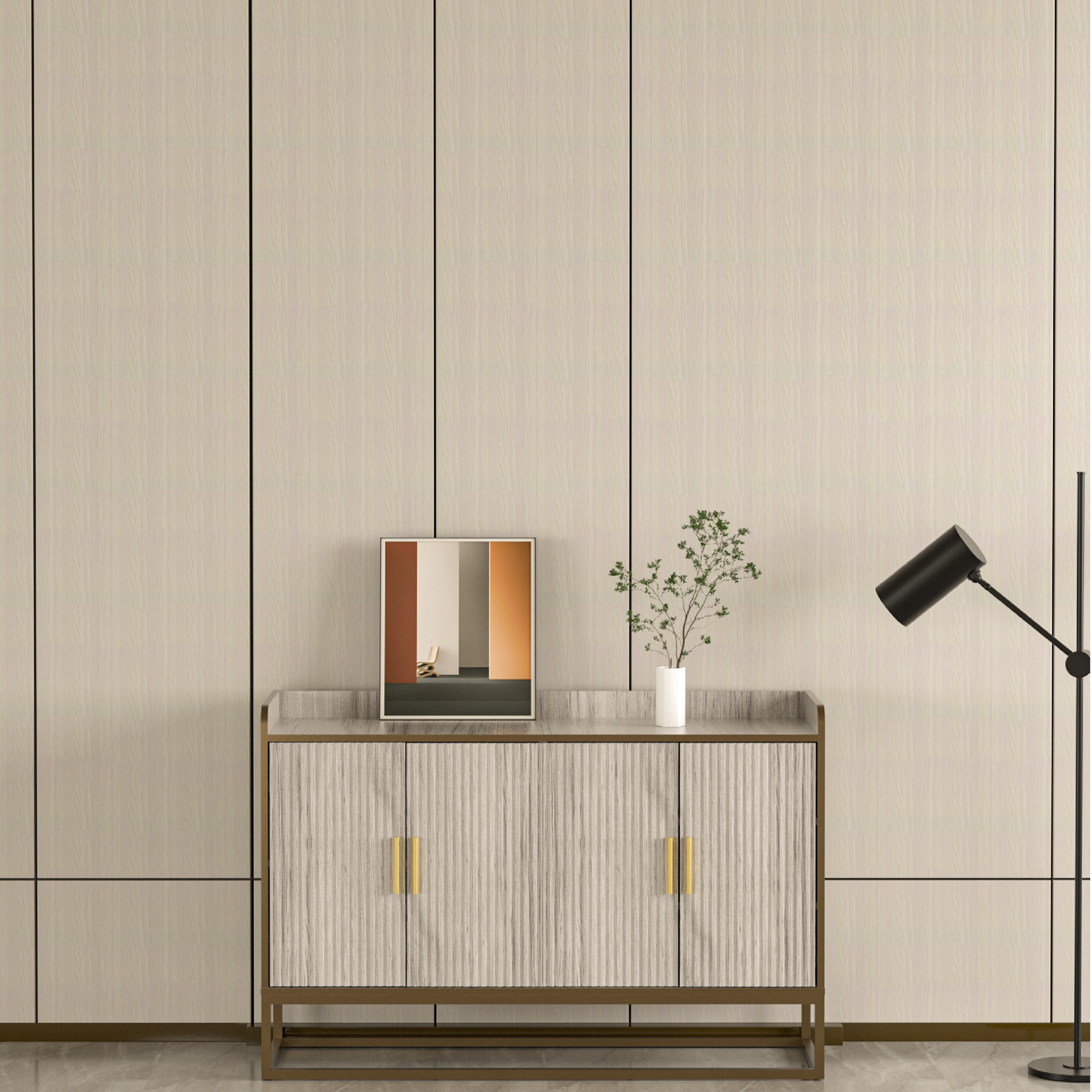 تصميم داخلي أنيقً باستخدام بديل الخشب شيبورد ديكور بيج، مع تفاصيل راقية من بديل الشيبورد.