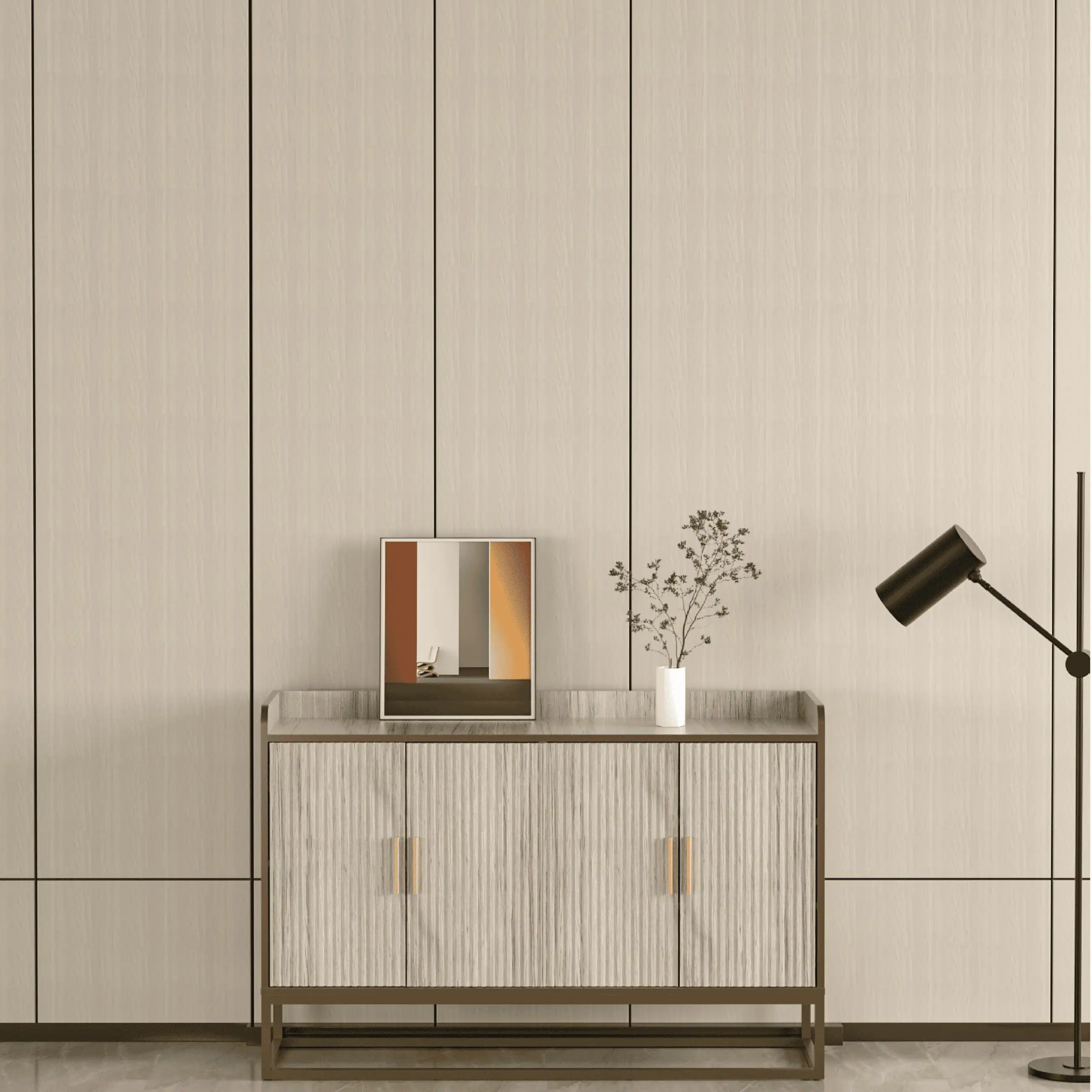 تصميم داخلي أنيقً باستخدام بديل الخشب شيبورد ديكور بيج، مع تفاصيل راقية من بديل الشيبورد.