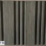 أرفف خشبية فاخرة مع براغي معدنية أنيقة بألوان زرقاء وخلفية مرقمة، تصميم داخلي أنيق وفخم.