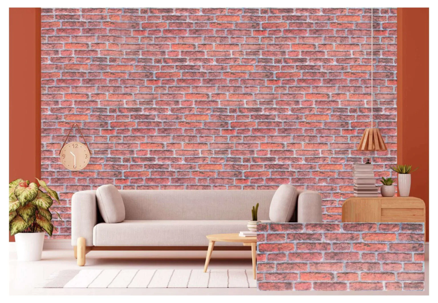 دفتر ديكور فخم بجدران من الطوب الأحمر مع أثاث عصري وتصميم أنيق.