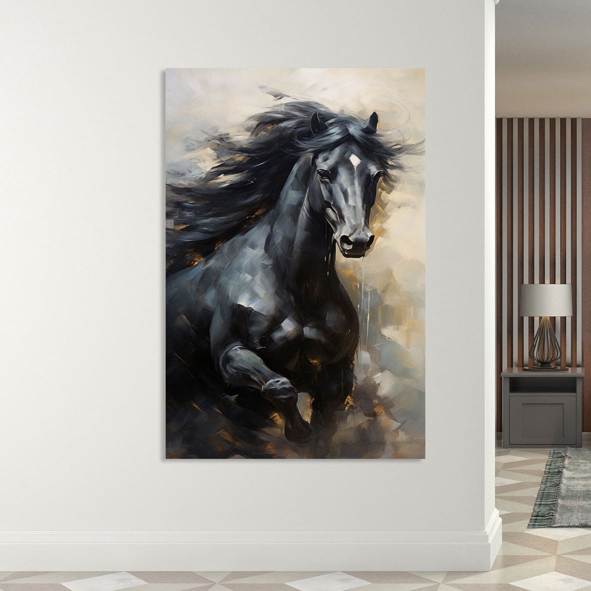 لوحة جدارية مطبوعة خيل اسود ورمادي